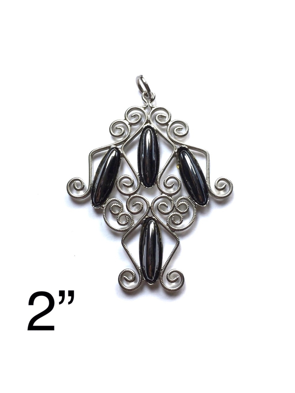 Vintage Signed Paradise Art Deco Oval Oblong Cabochons & Filigree Wire Pendant
